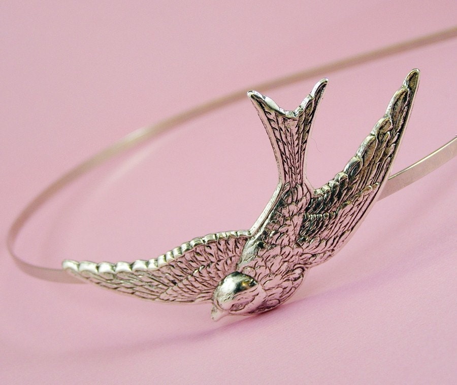 Bird headband swallow silver metal retro