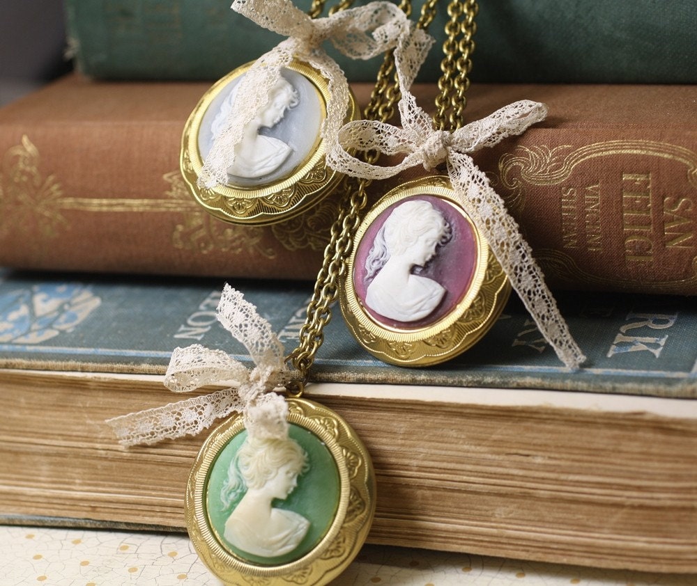 Pemberley locket cameo necklace lace bow vintage brass