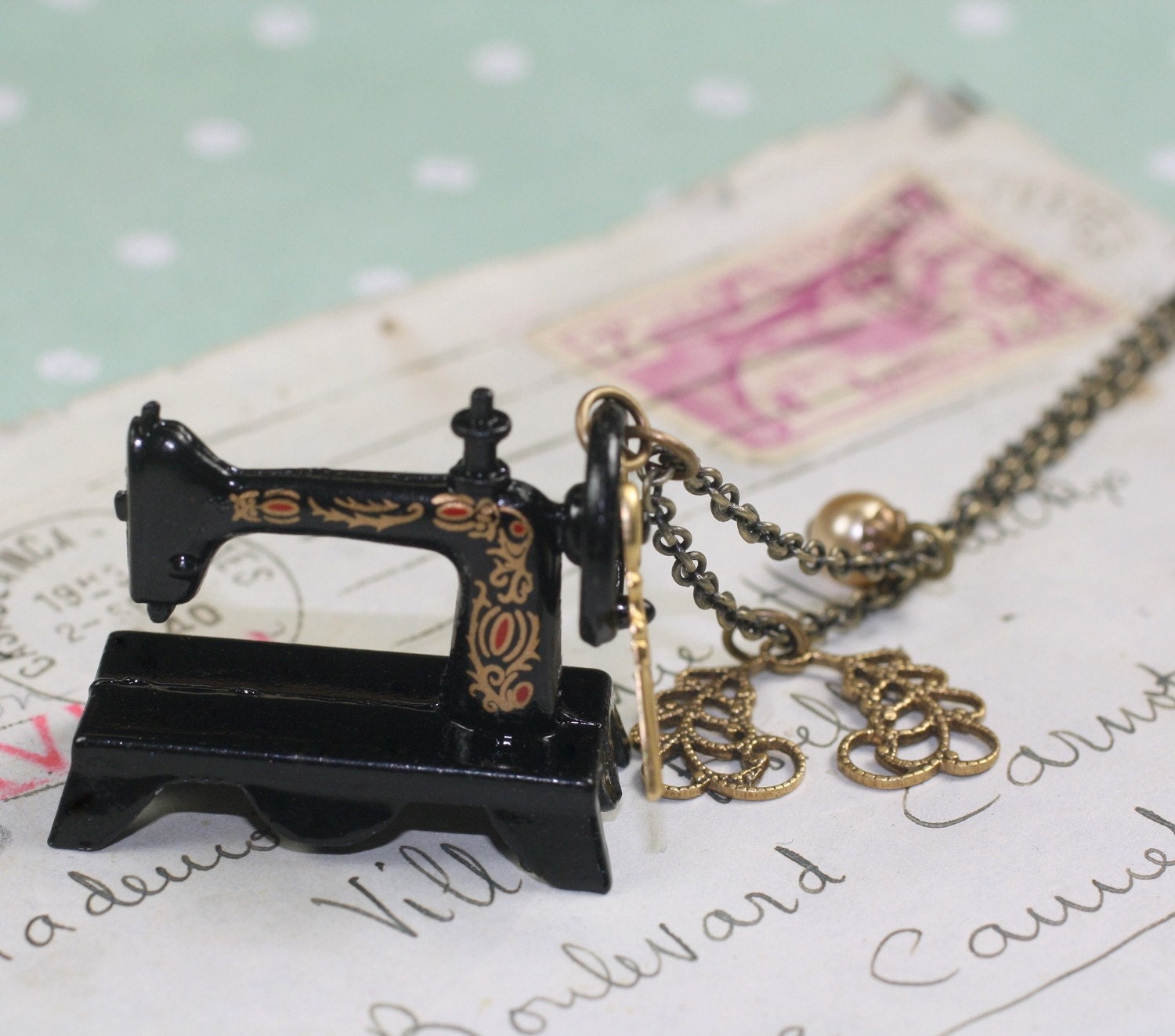 Sewing machine necklace antique singer style brass seamstress
