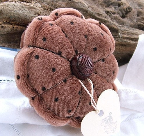Pin Cushion Large, Dusky Pink & Black polka dot, Handmade