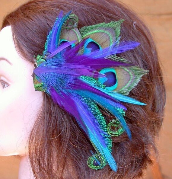 Peacock Feather Hair Piece with Great Colors Custom by wildspirits