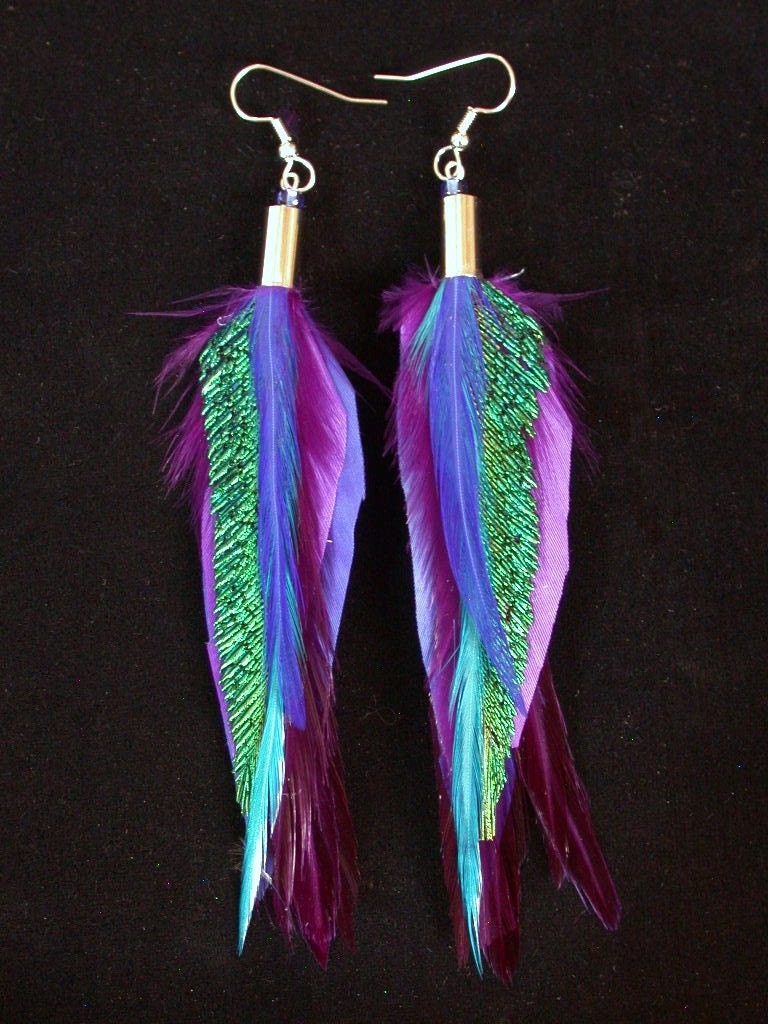 Rich Purple Feather Earrings with Peacock Accent Feathers