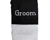 Bride and Groom Apron Set - Casual Bride Font ------  Rhinestones for Her - Embroidery for Him