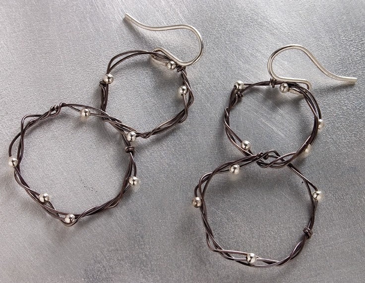 Black Silver Double Twisted Ring Dangles, wire wrapped oxidized silver
