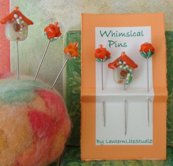 Decorative Pins - 3 whimsical glass straight pins, birdhouse and flowers
