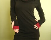 hooded tunic dress extra long sleeves w/thumb holes Black and Cranberry