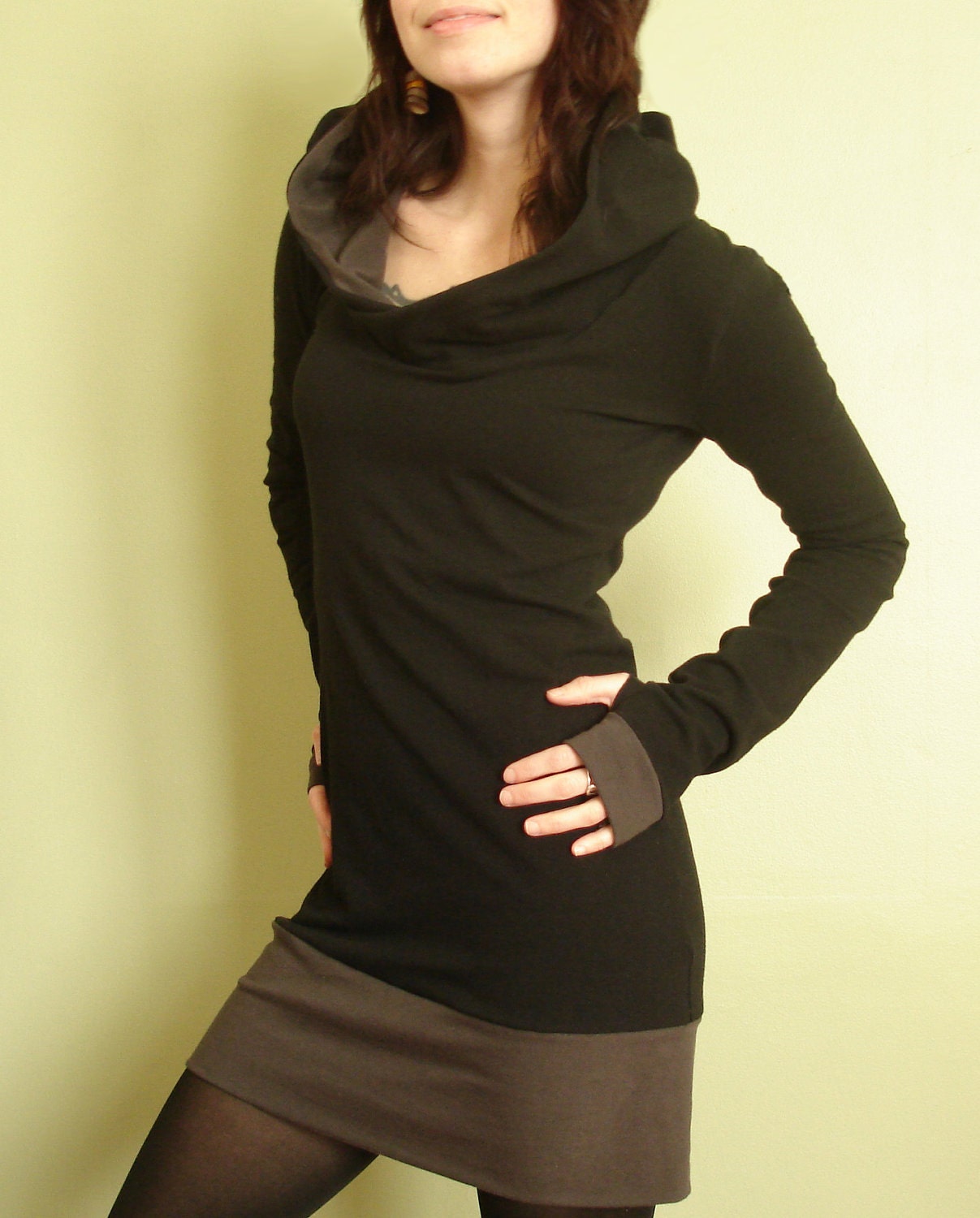 hooded tunic dress extra long sleeves w/thumb holes Black and Cement Grey