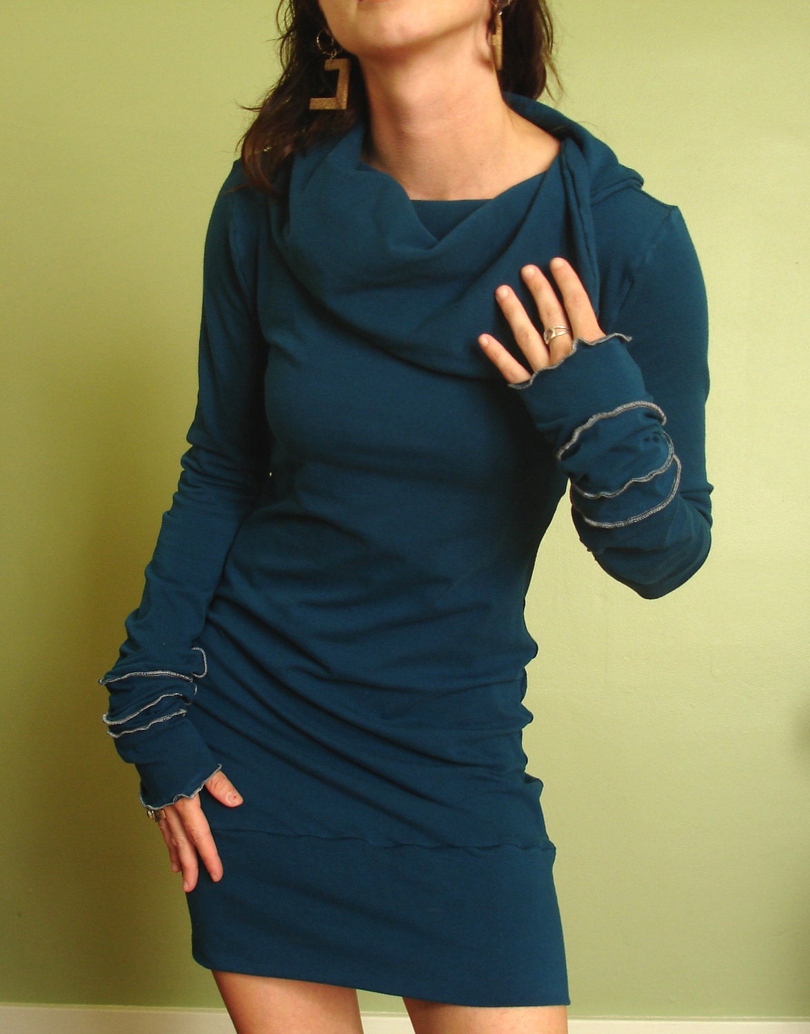 cowl tunic dress/extra long sleeves Teal blue