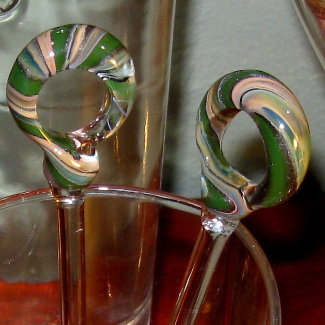 Ring set of 2 Green and Caramel Glass Swizzle Sticks, add some style to your mix drinks