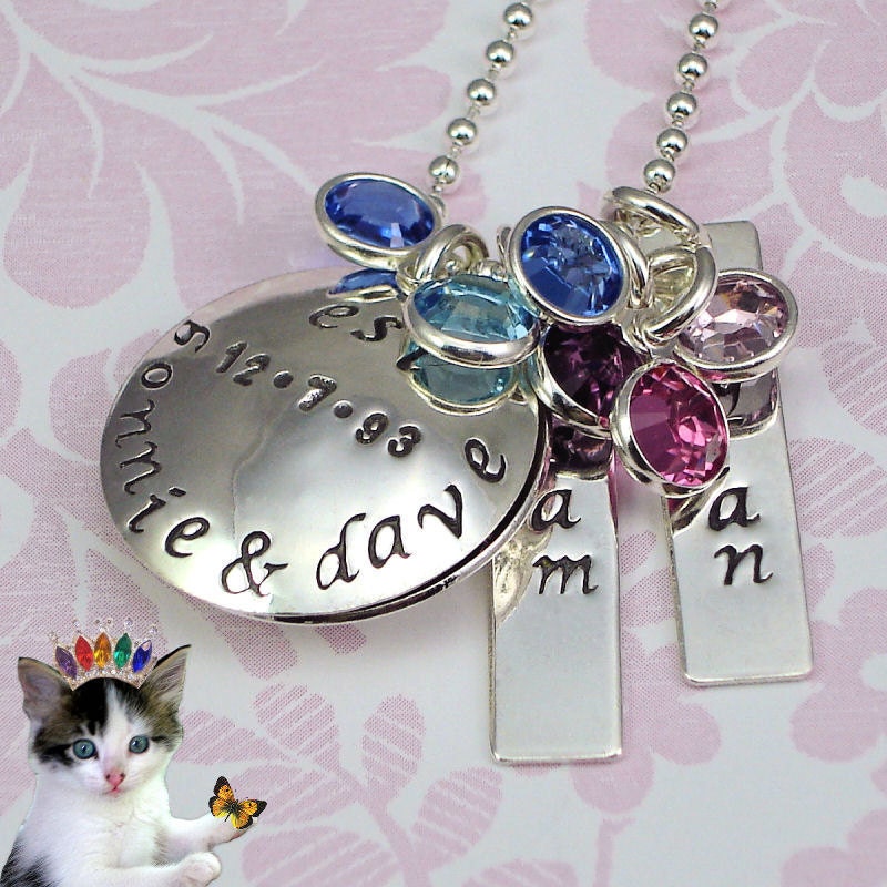 Hand Stamped Mothers Necklace Personalized Jewelry Locket Family Charms with Birthstones