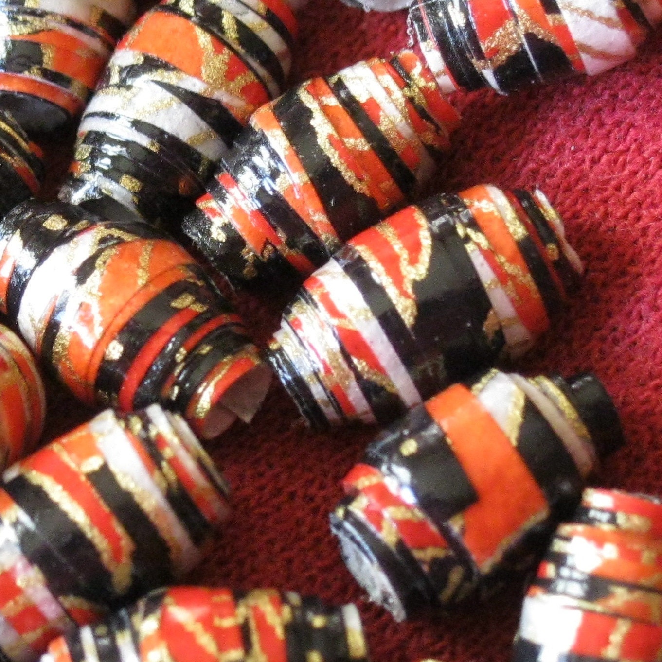 Red, Black, White and Gold Paper Beads - handwrapped Japanese washi papers