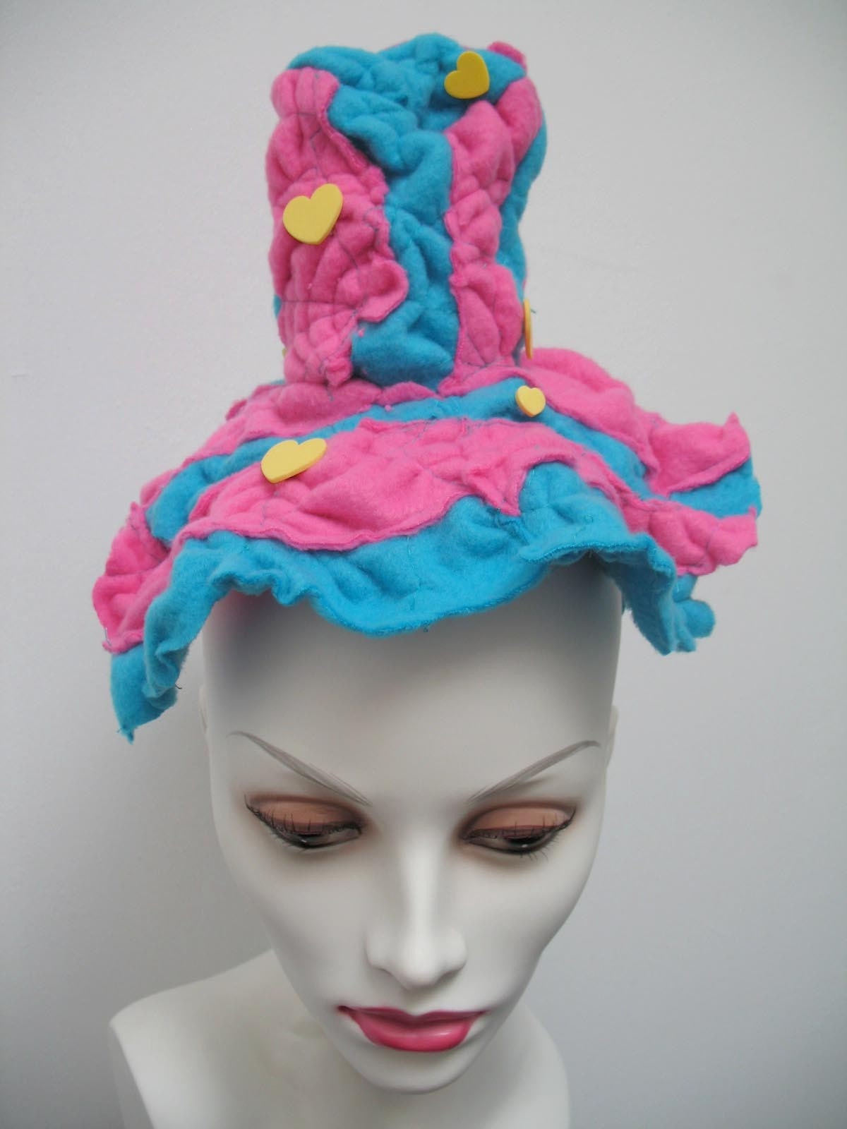Pepto Bismal Pink and Turquoise Blue with egg yolk yellow hearts striped mini fleece Top Hat