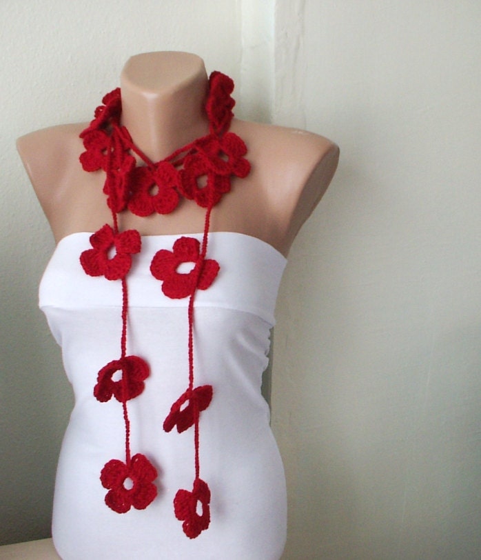 Flower Scarf AUTUMN SALE Handmade Crochet Dark Red , ruby color Flower Lariat, Scarf, Necklace
