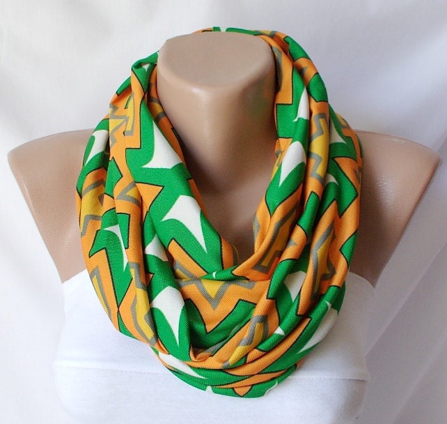 Infinity Scarf Loop Scarf Circle Scarf Cowl Scarf Orange, green, white chevron jersey cowl