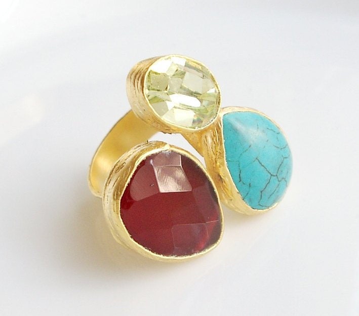 Triple Agate and Turquoise stone  GOLD RING