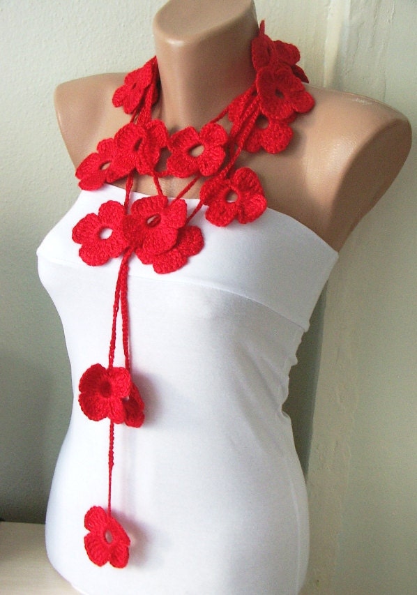 SALE - Handmade Crochet Red Flower Lariat, Scarf, Necklace
