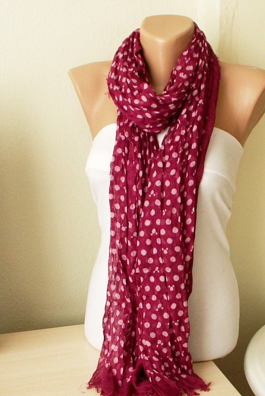Dotted Mouse Cotton Scarf, Wine Red, Spring Scarf