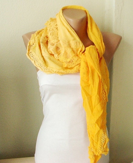 Tulle Scarf - Hand Dyed - Yellow Scarf - Shawl Scarf from %100 cotton with flora desing and tulle patchwork