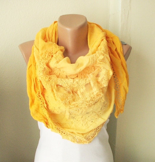 Tulle Scarf - Hand Dyed - Yellow Scarf - Shawl Scarf from %100 cotton with flora desing and tulle patchwork