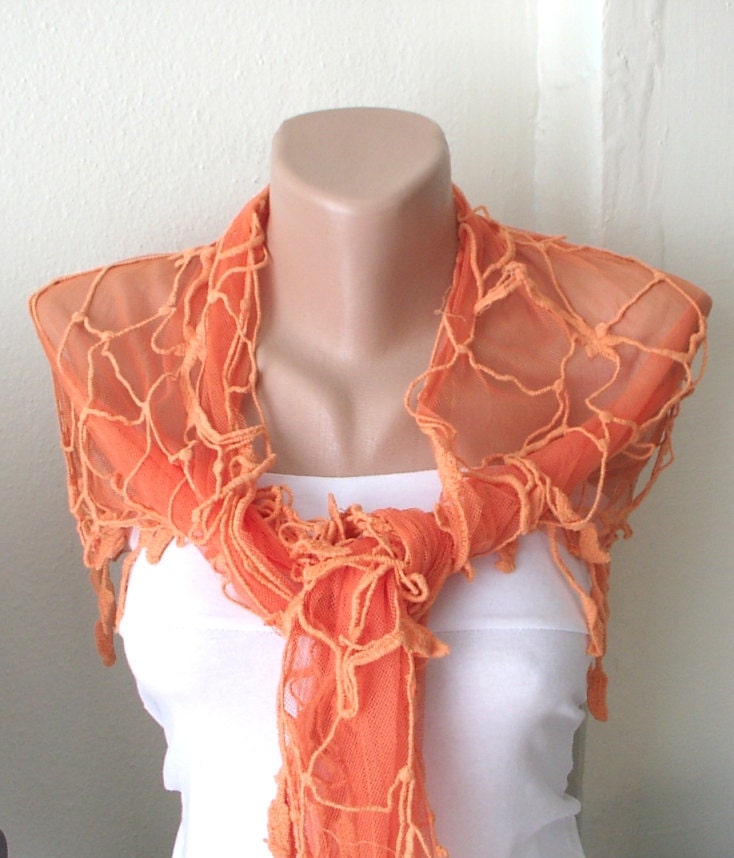 Lace Scarf, WEB Model Scarf, Orange Scarf, Tulle Scarf with leaf