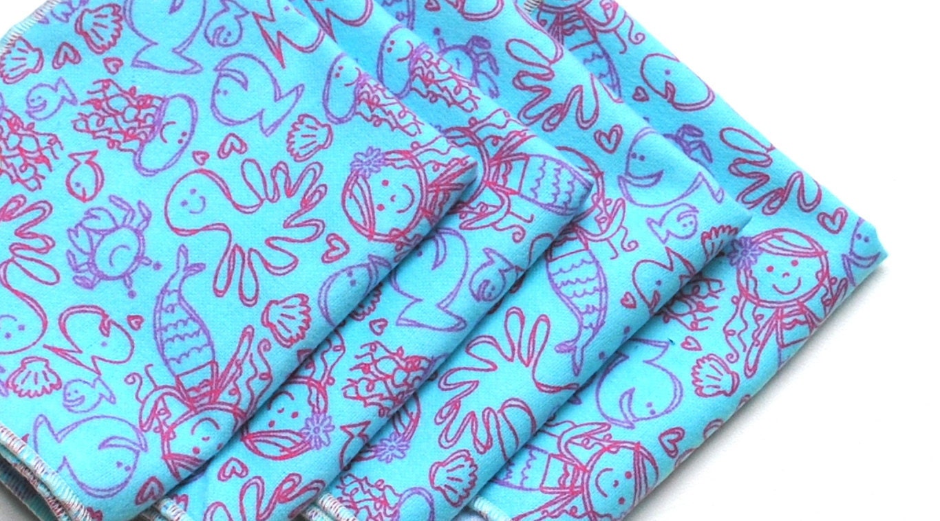 FREE OFFER Child Reusable Cloth Napkins / Wipes - Set of 4- Mermaids and Friends