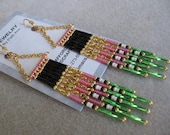 SALE - Seed Bead Earrings - Native American Chain Style - Green/Pink