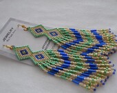 Seed Bead Earrings - Native American Beadwoven - Green/Royal Blue