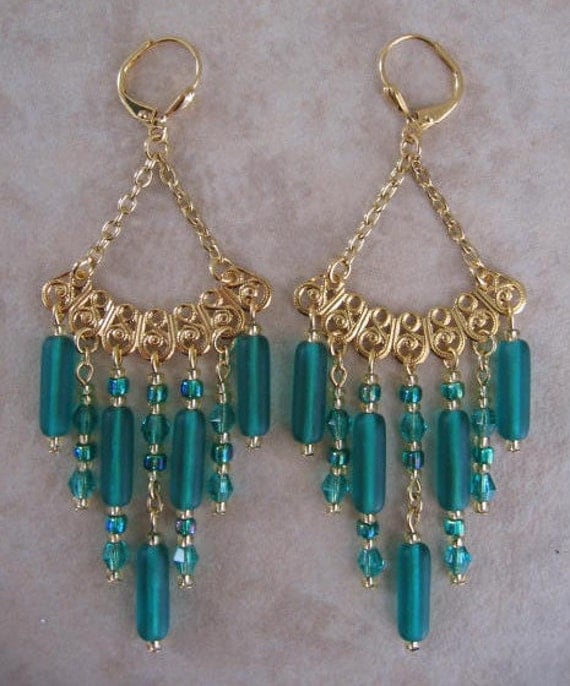 Filigree Chandelier Earrings - Emerald Color
