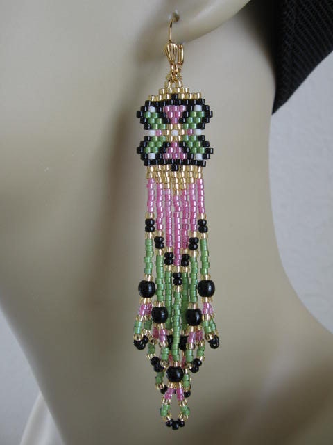 Beadwork - Seed Bead Beadwoven Earrings - Pink/Green - Free Shipping