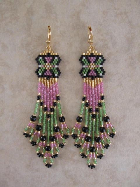 Beadwork - Seed Bead Beadwoven Earrings - Pink/Green - Free Shipping