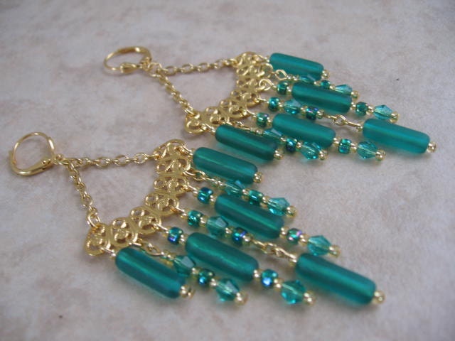 Filigree Chandelier Earrings - Emerald Color