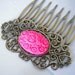 Pink Lucite Flower Antiqued Brass Filigree Victorian Style Hair Comb, Nickel Free