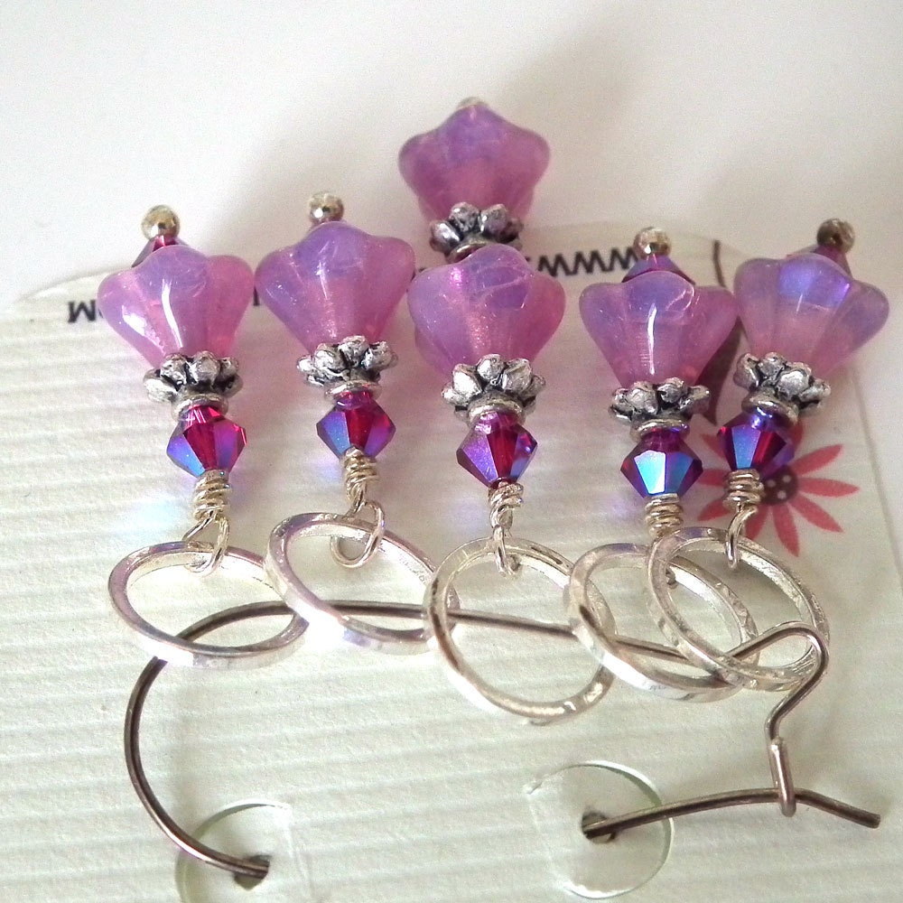 Five Beaded Raspberry Pink Czech Glass Flower Stitch Markers for Knitting