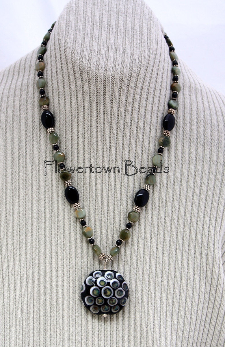 Lampwork Necklace, Sterling Silver, Semiprecious Stones, SRA