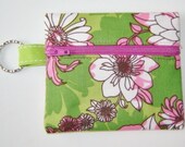 Green Pink Floral Print Zipper Pouch Coin Bag Purse