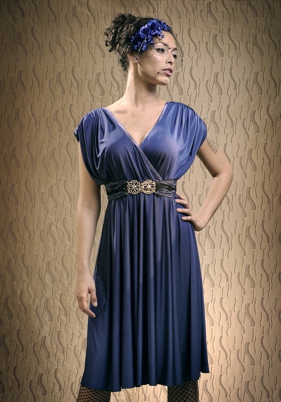 evening dress in cyan green inspired by ancient Rome
