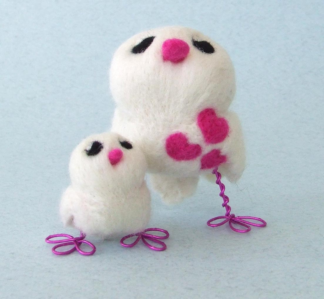 Mama and Baby Tweet Needle Felted White Love Bird Pair  With Hot Pink Hearts and Legs