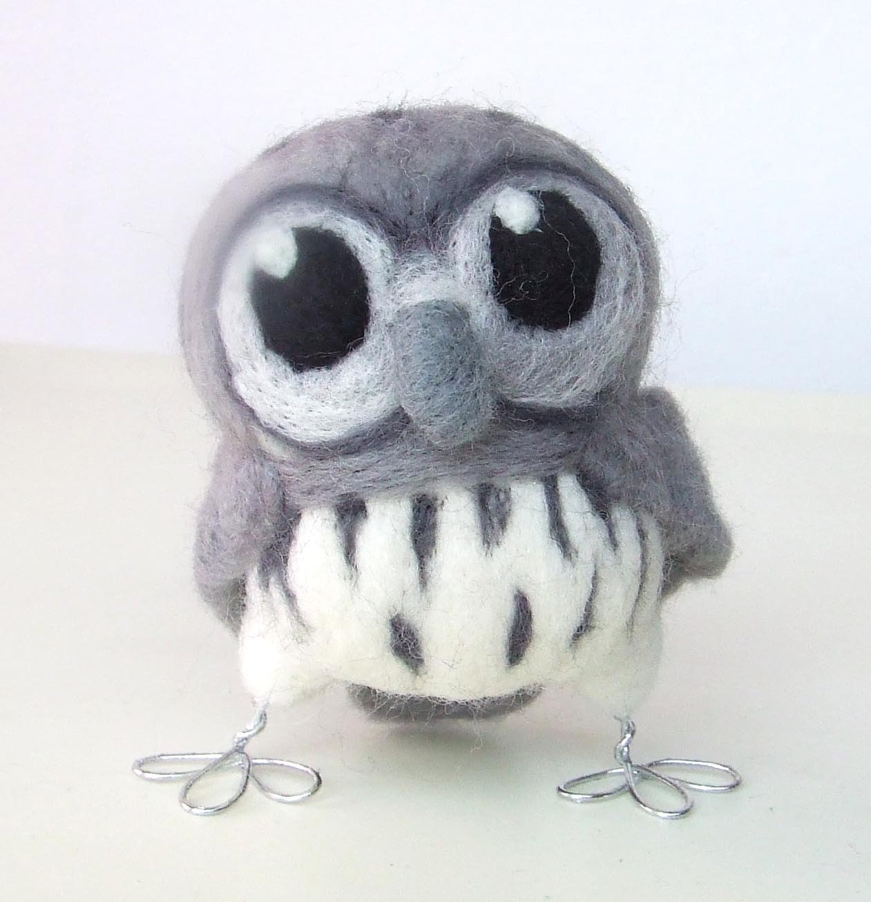 Needlefelted Bird Wise Grey Owl Hoot  Little Owl in Dusky Greys