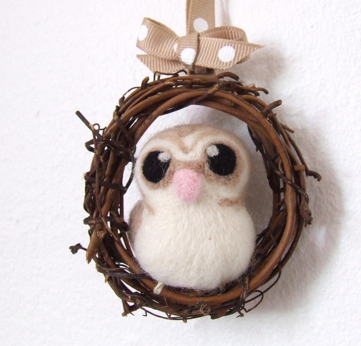 Needlefelted Barn Owl Mini Autumn Wreath with Felt Bird
