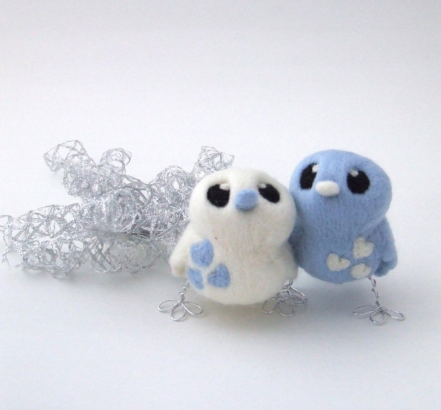 Bird Wedding Cake Topper Pale Blue and White Love Birds Tweet Needlefelted Birds