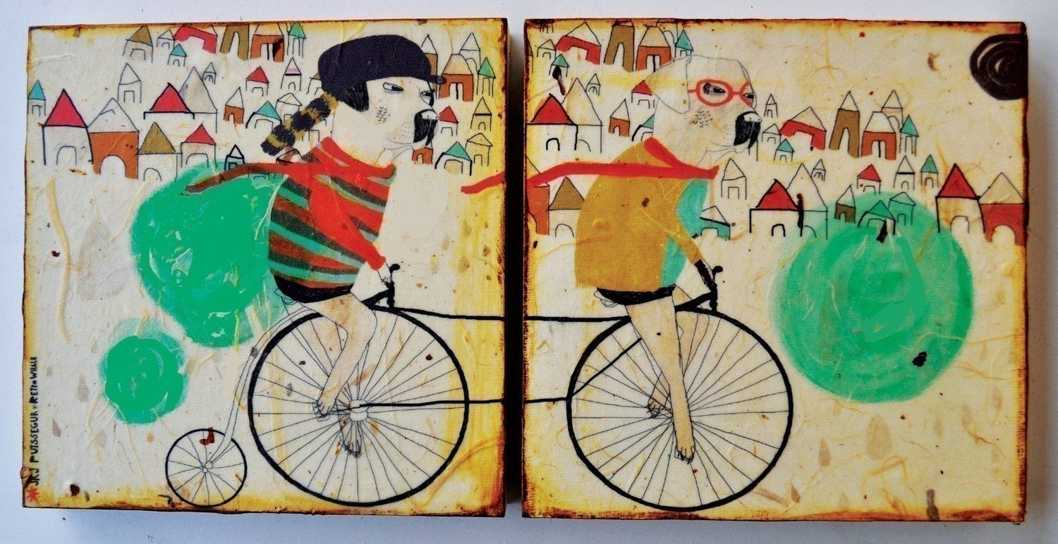 Cycling-mixed media prints on wood panels