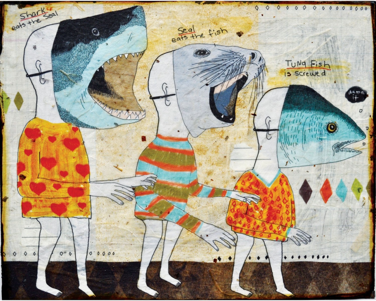 Food Chain- mixed media print on wood