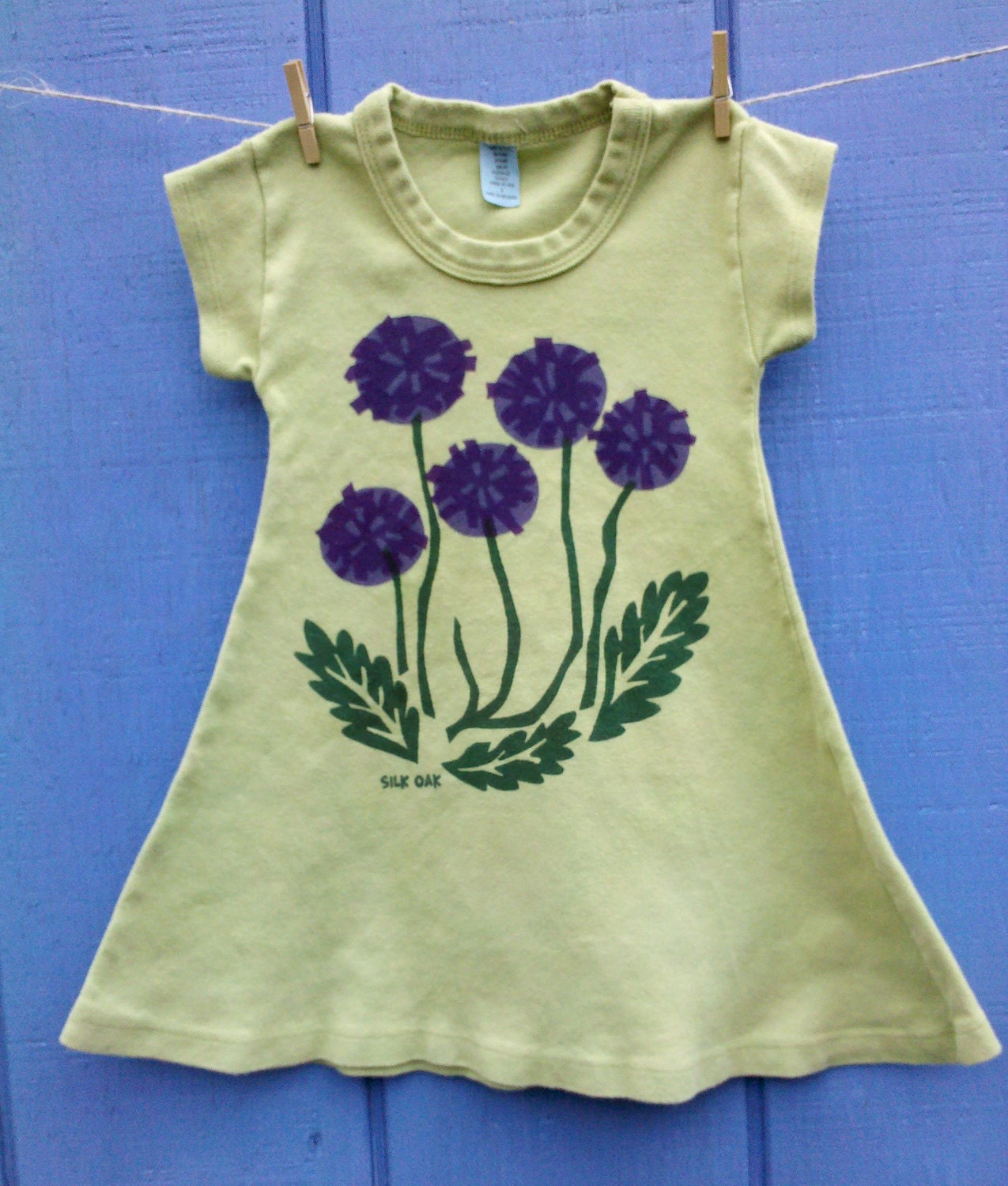 Purple Flowers on a Lime Green A-line Girl's Dress Sizes 2, 8, 10 & 12