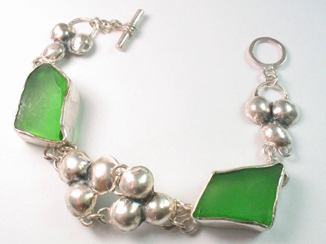 Emerald sea glass and silver  Bracelet - handcrafted sterling silver jewelry design