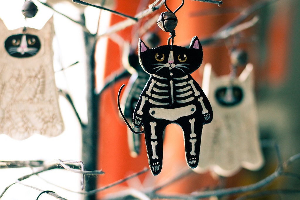 Skeleton Cat Halloween Clay Folk Art Ornament - KilkennycatArt