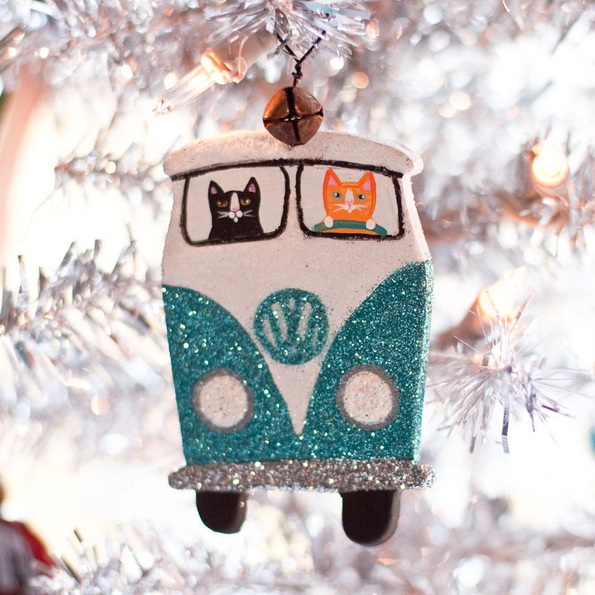 Christmas Volkswagen Clay Cat Folk Art Ornament