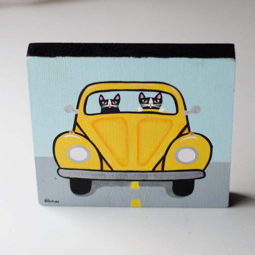 Volkswagen Road Trip Cats Original Folk Art Painting