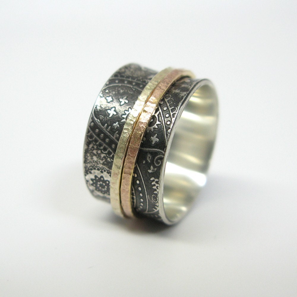 Chunky Paisley Sterling Silver Spinner Ring with 14k Rose Gold and 10k Yellow Gold Hammered Spinners