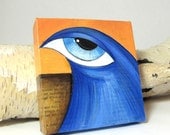 Big Eyed Bird Painting - Mini Canvas - Mixed Media - Cobalt Blue and Orange