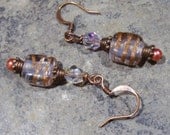 Earrings Copper  Ice, Lampwork Swizzled Glass, Beaded Pearl, Coral Sparkly